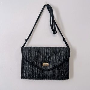 Waves by Tandem bags black woven grass raffia mini flap bag